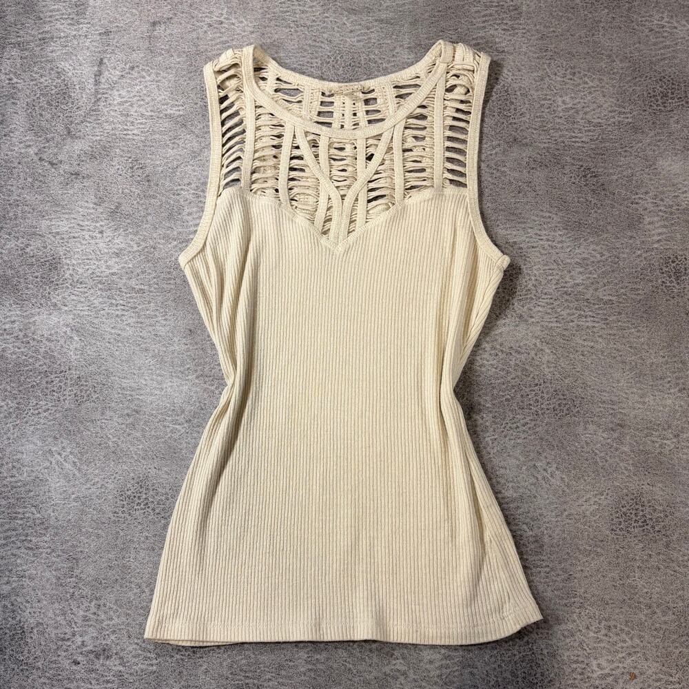 Cream Knit Ribbed Crochet Shimmer Tank T40